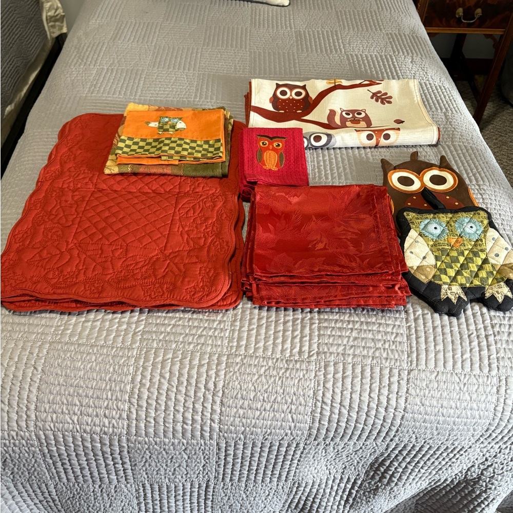 Red Quilted Dining Set with Owl Design